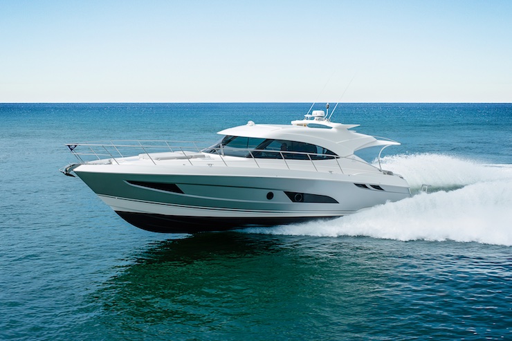 The 50-foot-overall Riviera 4800 coupe reportedly runs at 34 knots wide open, powered by a pair of Volvo-Penta’s D8-IPS 800 diesels with IPS15 pod drives.