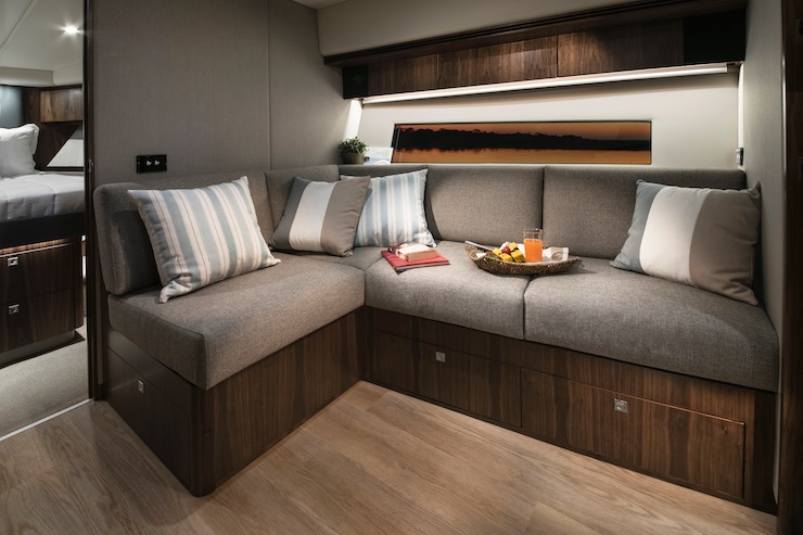 Aft of the master stateroom in the bow is an L-shaped settee which creates a quiet lower-deck lounge area.