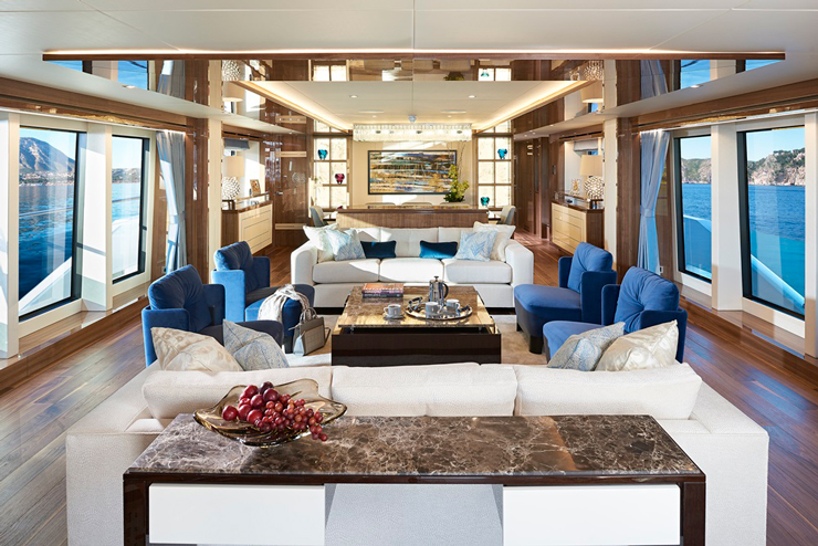 One primary idea behind the 131 Yacht was to make the trideck’s interior feel more connected with the surrounding ocean environment. The nearly floor-to-ceiling windows, along with notched-out bulwarks, help immensely. 